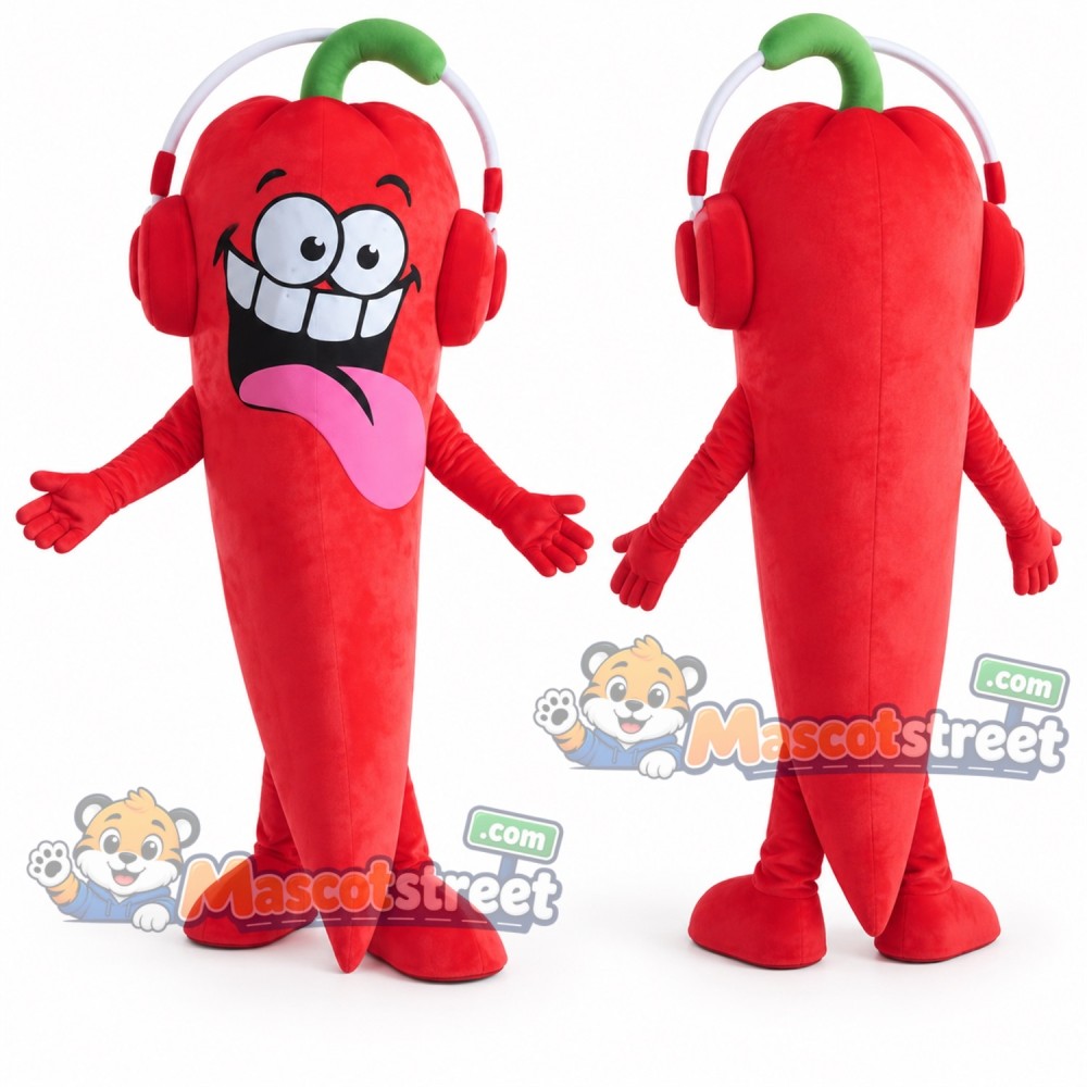 Red Chili Pepper Mascot Costume with Headphones