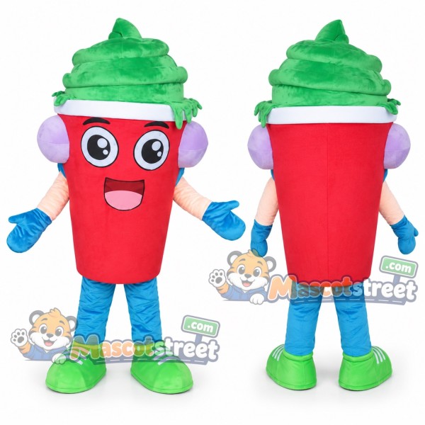 Green Soft Serve Ice Cream in Red Cup Mascot Costume