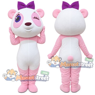 Pink and White Panda Mascot Costume with Purple Bow Pink and White Panda Mascot Costume with Purple Bow