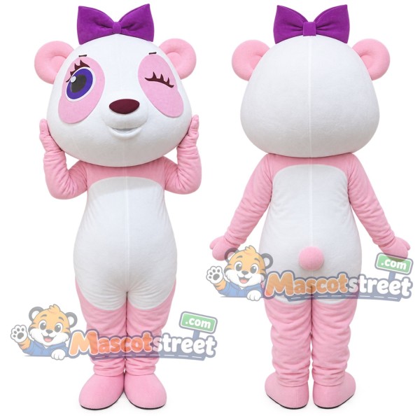 Pink and White Panda Mascot Costume with Purple Bow