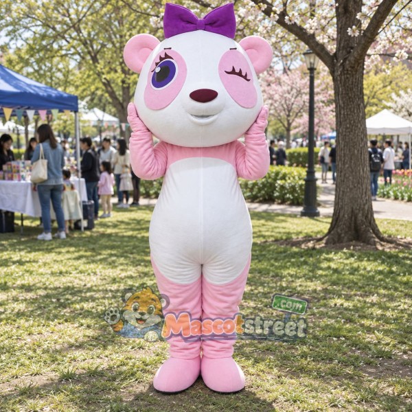 Pink and White Panda Mascot Costume with Purple Bow