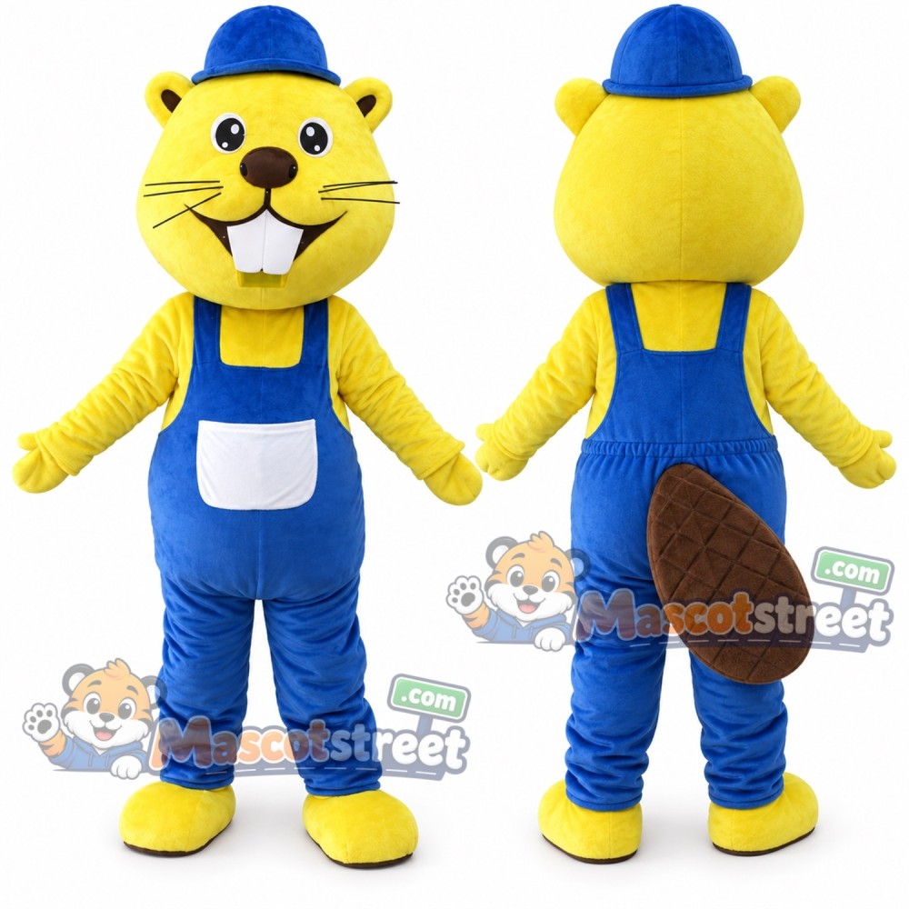 Yellow Beaver Mascot Costume with Blue Overalls and Blue Cap Yellow Beaver Mascot Costume with Blue Overalls and Blue Cap