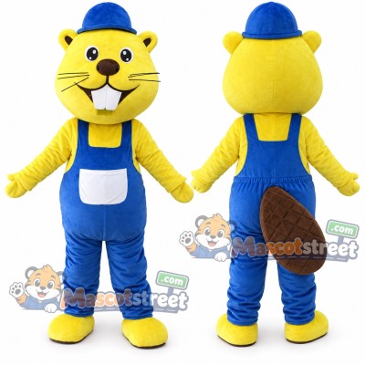 Yellow Beaver Mascot Costume with Blue Overalls and Blue Cap Yellow Beaver Mascot Costume with Blue Overalls and Blue Cap