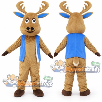 Tan Deer Mascot Costume with Blue Vest Tan Deer Mascot Costume with Blue Vest