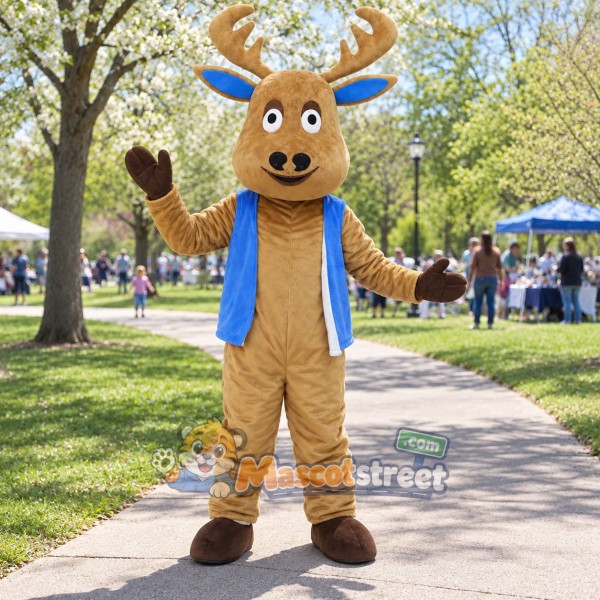 Tan Deer Mascot Costume with Blue Vest