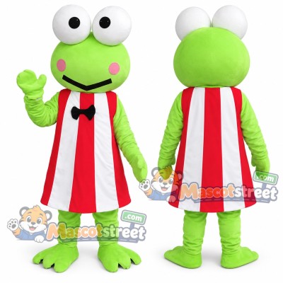 Green Frog Mascot Costume with Red Striped Apron and Black Bow Tie Green Frog Mascot Costume with Red Striped Apron and Black Bow Tie