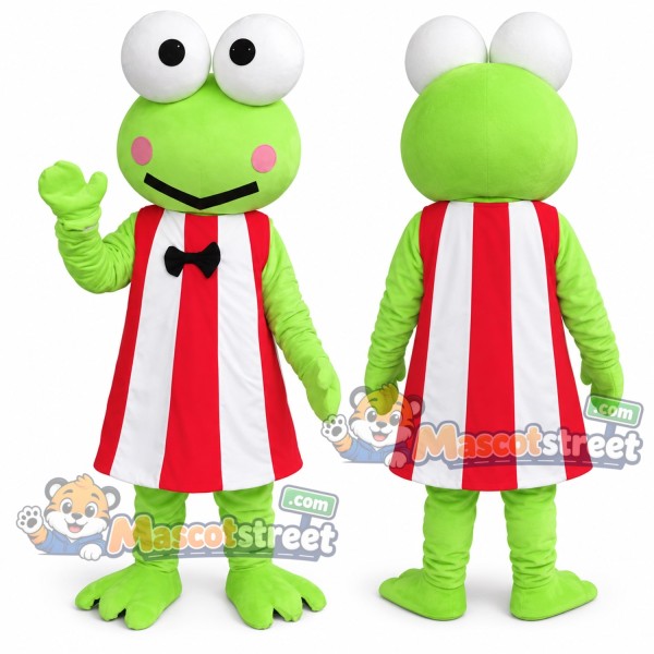 Green Frog Mascot Costume with Red Striped Apron and Black Bow Tie