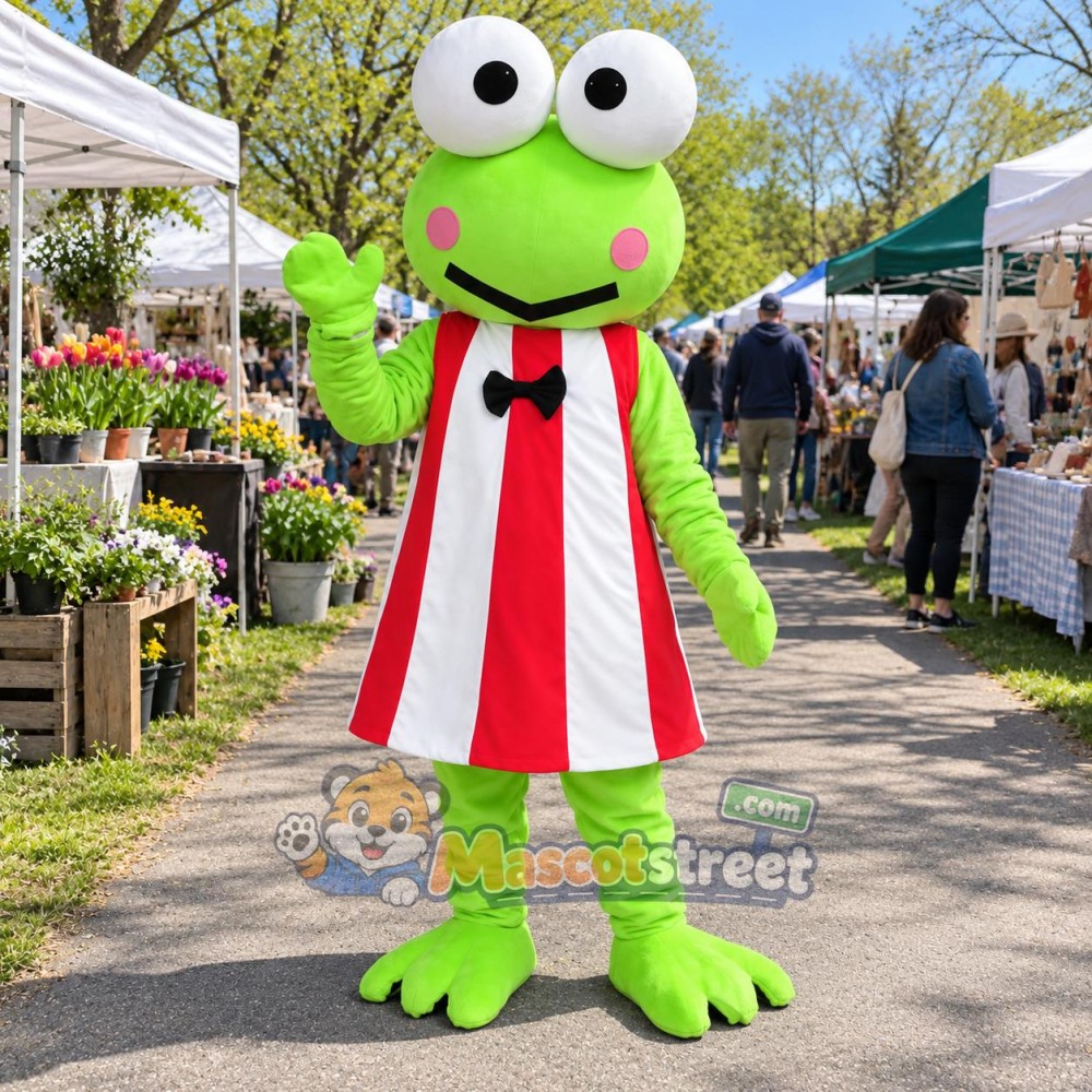 Green Frog Mascot Costume with Red Striped Apron and Black Bow Tie Green Frog Mascot Costume with Red Striped Apron and Black Bow Tie