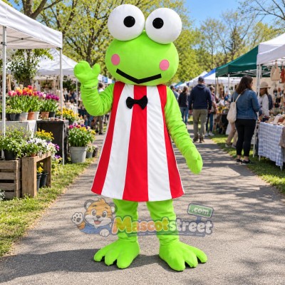 Green Frog Mascot Costume with Red Striped Apron and Black Bow Tie Green Frog Mascot Costume with Red Striped Apron and Black Bow Tie