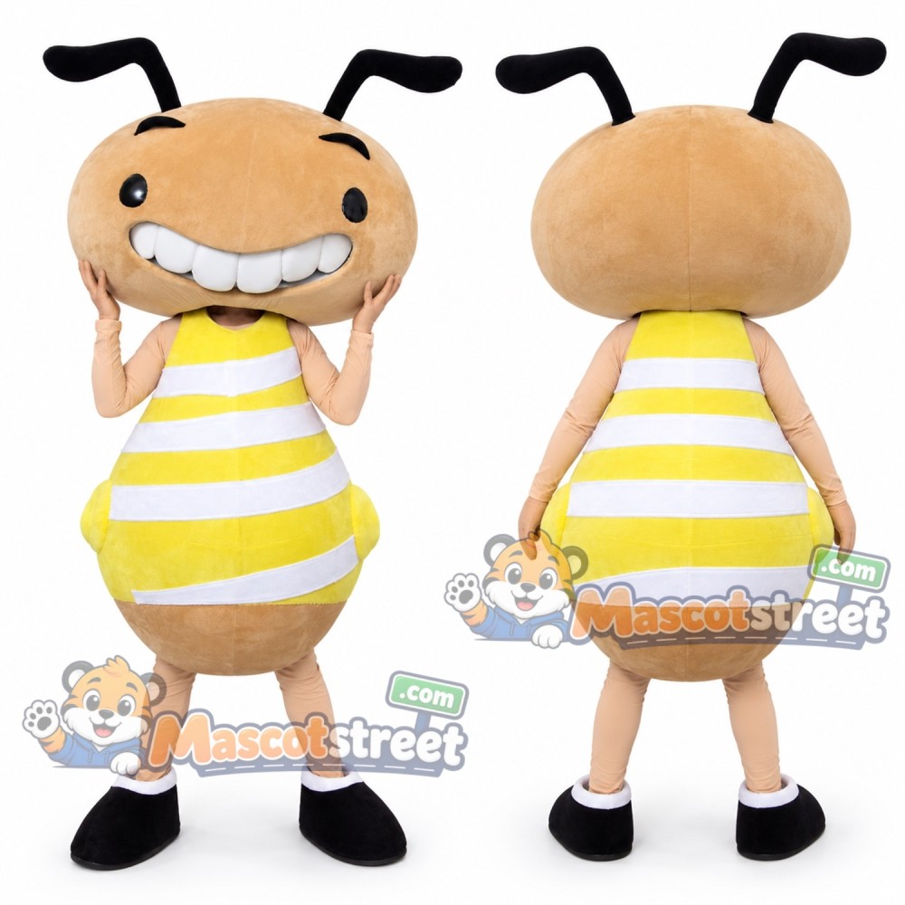 Tan Ant Mascot Costume with Yellow Striped Shirt Tan Ant Mascot Costume with Yellow Striped Shirt