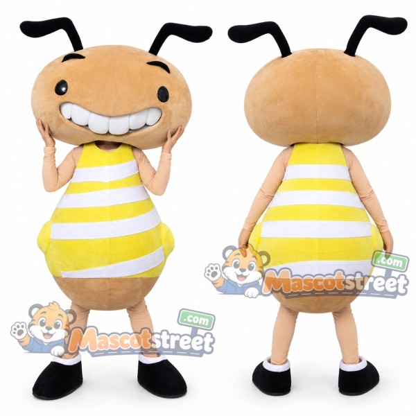 Tan Ant Mascot Costume with Yellow Striped Shirt