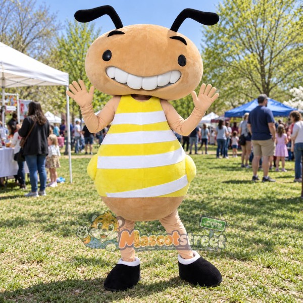 Tan Ant Mascot Costume with Yellow Striped Shirt