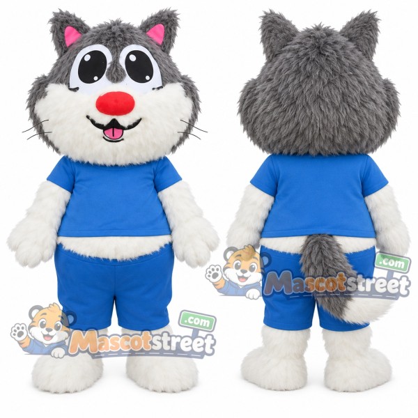 Gray and White Wolf Mascot Costume with Blue Shirt and Shorts