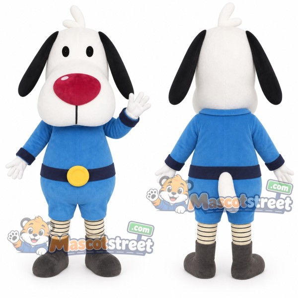 White and Black Dog Mascot Costume with Blue Outfit