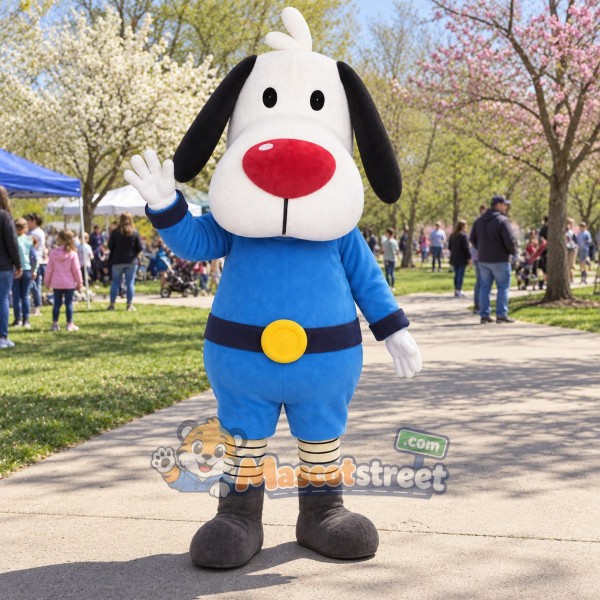 White and Black Dog Mascot Costume with Blue Outfit