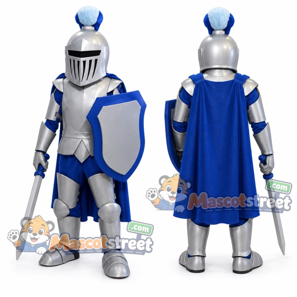 Knight Mascot Costume with Blue and Silver Armor and Blue Cape