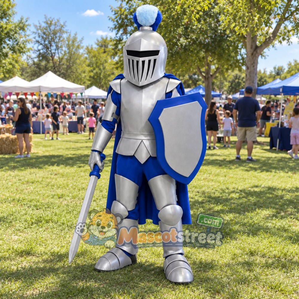 Knight Mascot Costume with Blue and Silver Armor and Blue Cape
