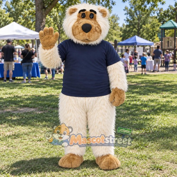 Cream Bear Mascot Costume with Navy Shirt