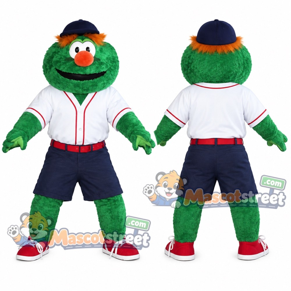Green Monster Mascot Costume with Baseball Jersey, Navy Shorts and Cap Green Monster Mascot Costume with Baseball Jersey, Navy Shorts and Cap