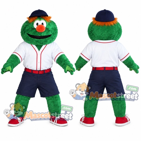 Green Monster Mascot Costume with Baseball Jersey, Navy Shorts and Cap