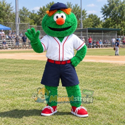 Green Monster Mascot Costume with Baseball Jersey, Navy Shorts and Cap Green Monster Mascot Costume with Baseball Jersey, Navy Shorts and Cap