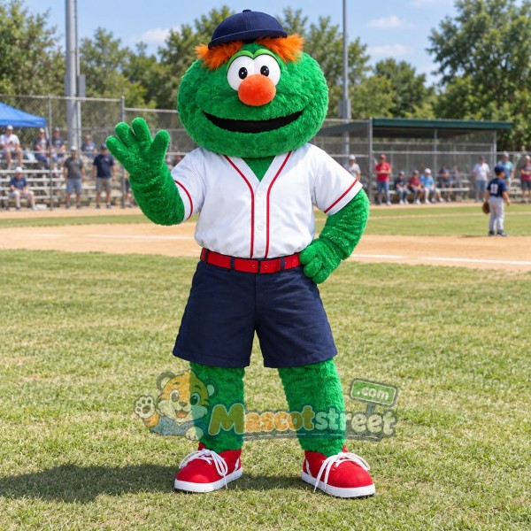 Green Monster Mascot Costume with Baseball Jersey, Navy Shorts and Cap