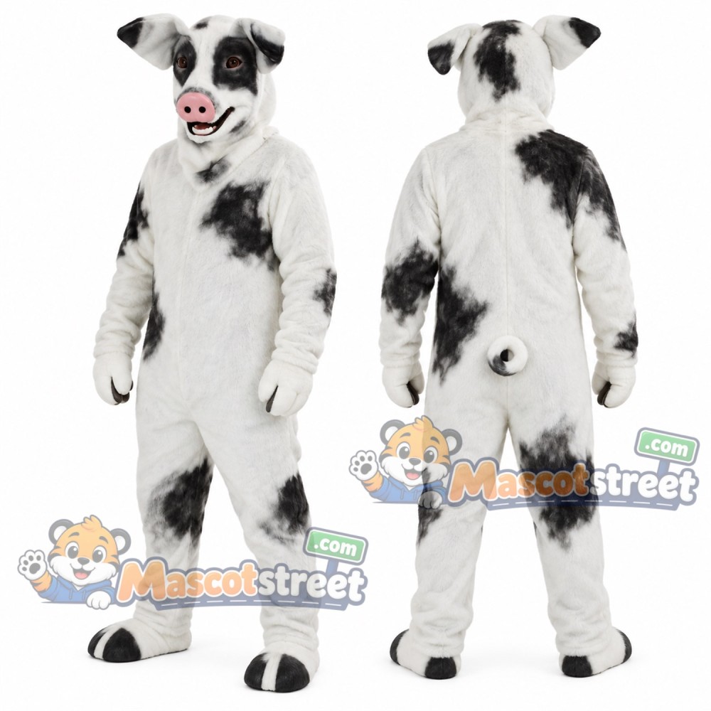 White and Black Spotted Pig Mascot Costume White and Black Spotted Pig Mascot Costume