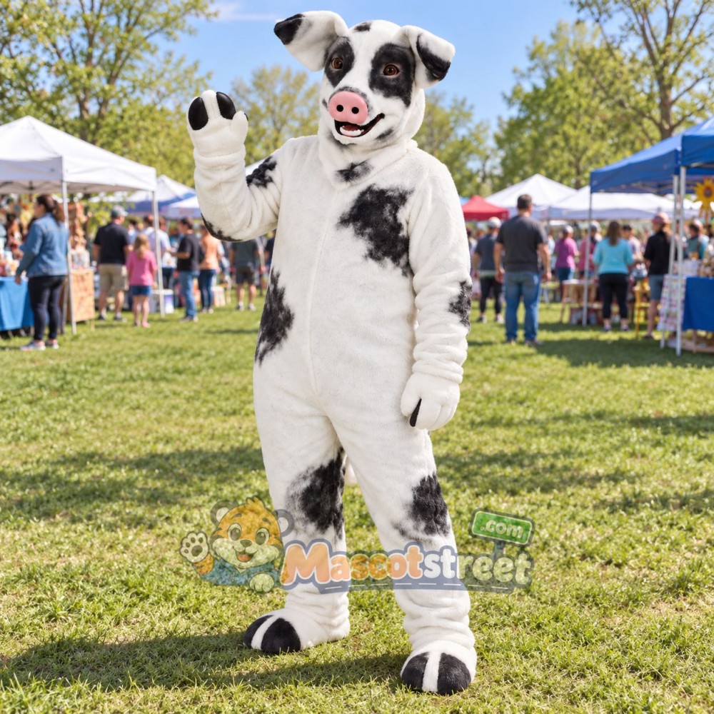 White and Black Spotted Pig Mascot Costume