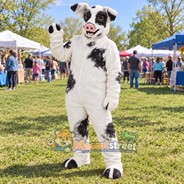 White and Black Spotted Pig Mascot Costume