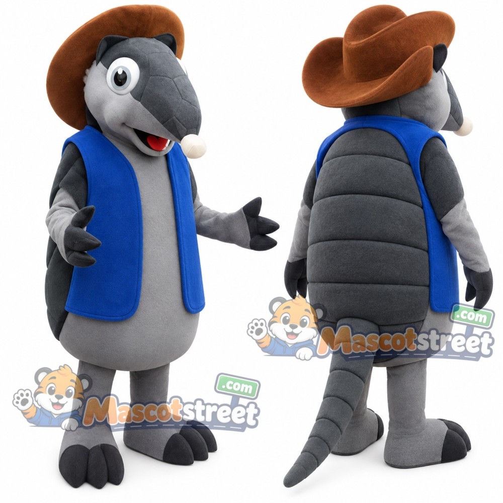 Gray Armadillo Mascot Costume with Blue Vest and Brown Cowboy Hat Gray Armadillo Mascot Costume with Blue Vest and Brown Cowboy Hat