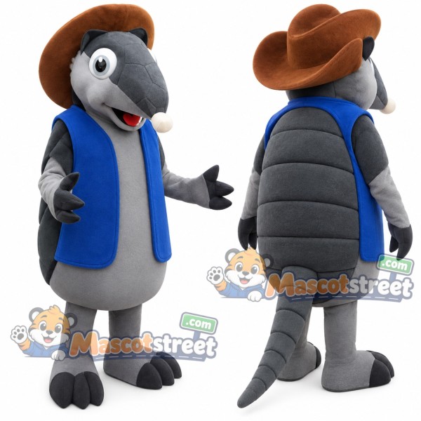 Gray Armadillo Mascot Costume with Blue Vest and Brown Cowboy Hat