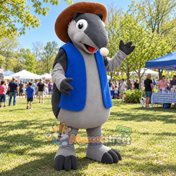 Gray Armadillo Mascot Costume with Blue Vest and Brown Cowboy Hat