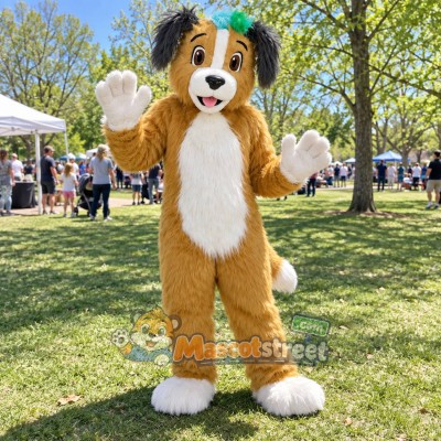 Tan Dog Mascot Costume with Green and Brown Cap Tan Dog Mascot Costume with Green and Brown Cap