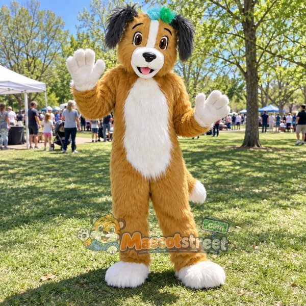 Tan Dog Mascot Costume with Green and Brown Cap