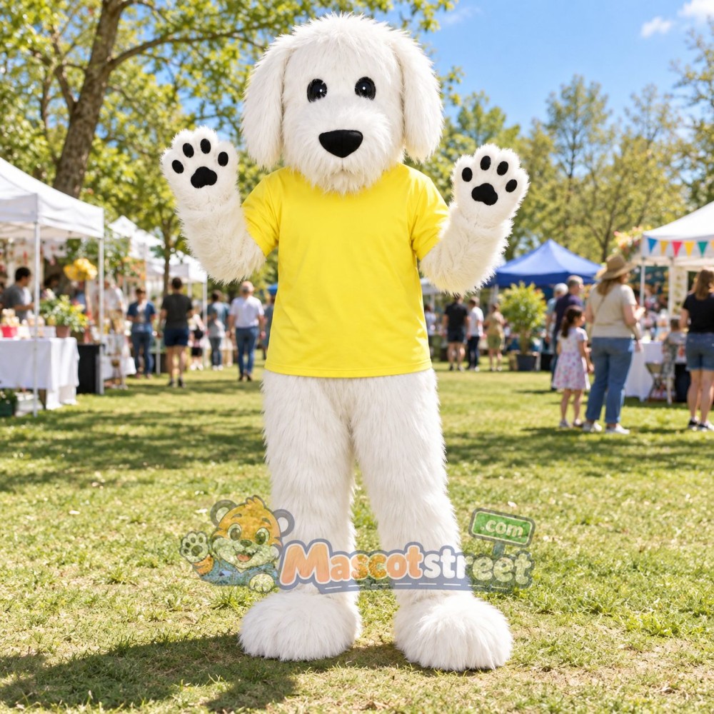 White Dog Mascot Costume with Yellow Shirt White Dog Mascot Costume with Yellow Shirt