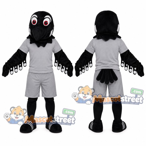 Black Bird Mascot Costume with Gray Shirt and Shorts