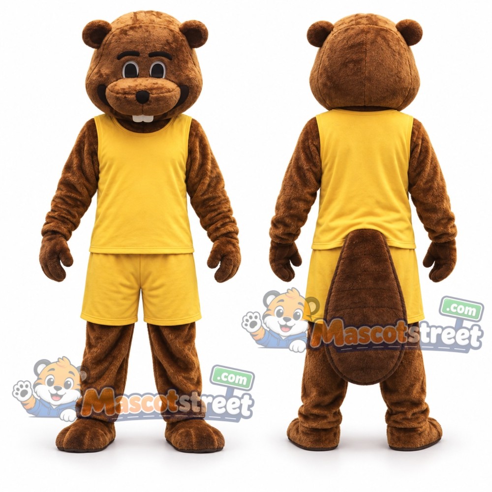 Brown Beaver Mascot Costume with Yellow Shirt and Shorts