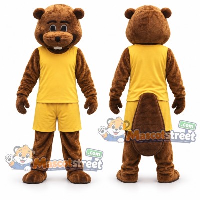 Brown Beaver Mascot Costume with Yellow Shirt and Shorts