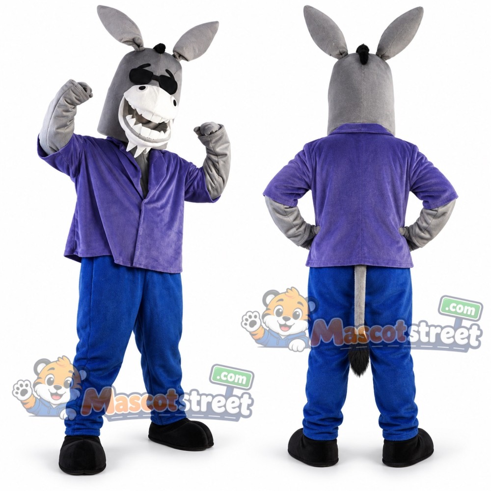 Gray Donkey Mascot Costume with Purple Shirt and Blue Pants Gray Donkey Mascot Costume with Purple Shirt and Blue Pants