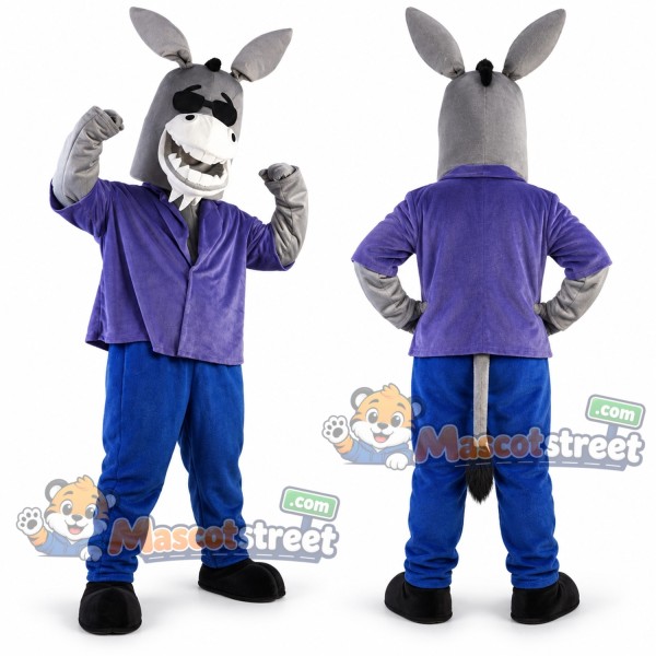 Gray Donkey Mascot Costume with Purple Shirt and Blue Pants