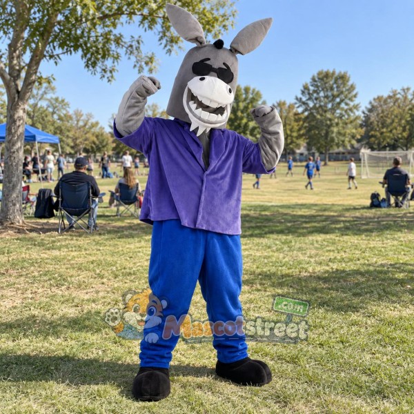 Gray Donkey Mascot Costume with Purple Shirt and Blue Pants