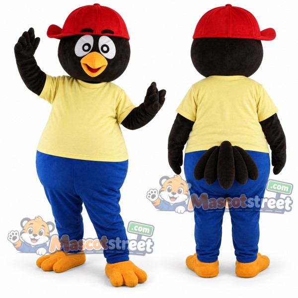 Black Owl Mascot Costume with Yellow Shirt, Blue Pants and Red Cap