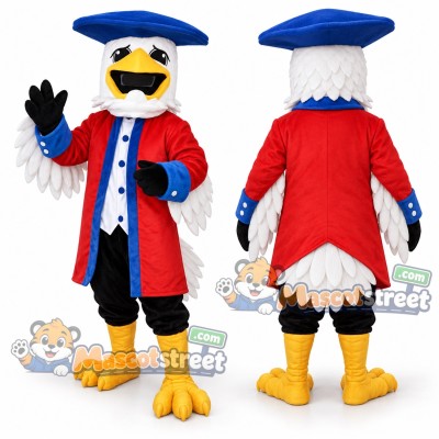 Bald Eagle Mascot Costume with Red Colonial Coat and Blue Tricorn Hat Bald Eagle Mascot Costume with Red Colonial Coat and Blue Tricorn Hat