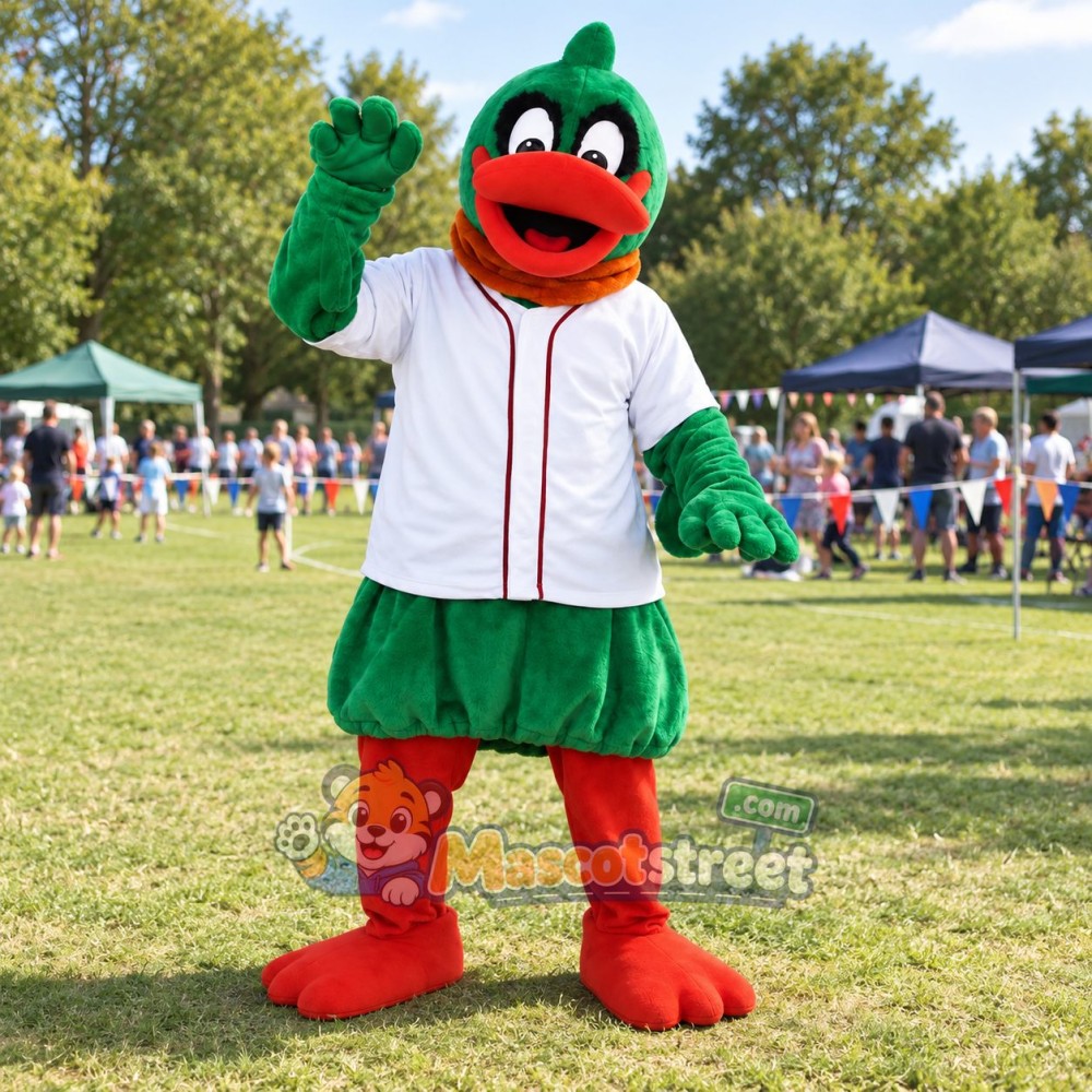 Green Duck Mascot Costume with White Jacket and Green Shorts