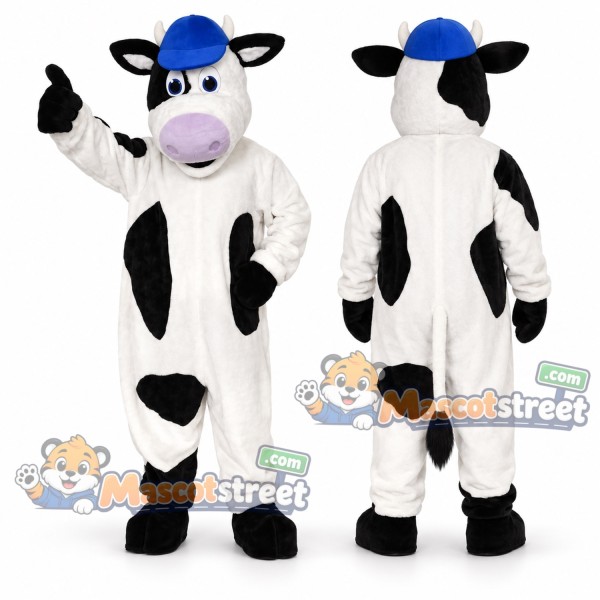 Black and White Cow Mascot Costume with Blue Cap