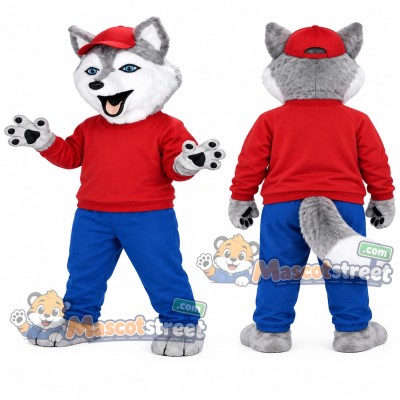 Gray Husky Mascot Costume with Red Shirt, Blue Pants and Red Cap