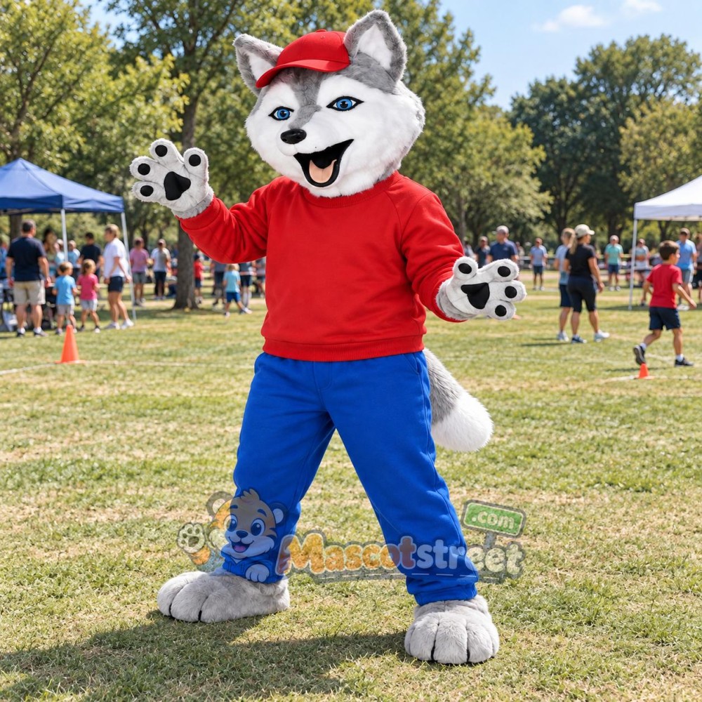 Gray Husky Mascot Costume with Red Shirt, Blue Pants and Red Cap