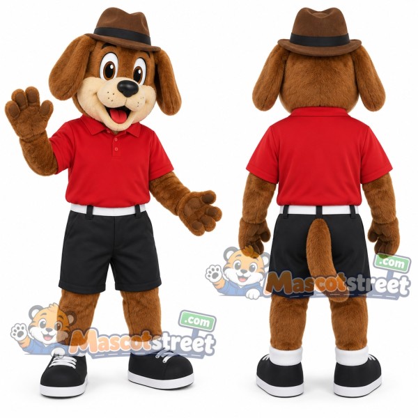 Brown Dog Mascot Costume with Red Shirt, Black Shorts and Brown Hat