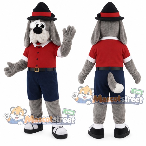 Gray Dog Mascot Costume with Red Shirt, Navy Shorts and Black Hat