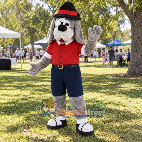 Gray Dog Mascot Costume with Red Shirt, Navy Shorts and Black Hat